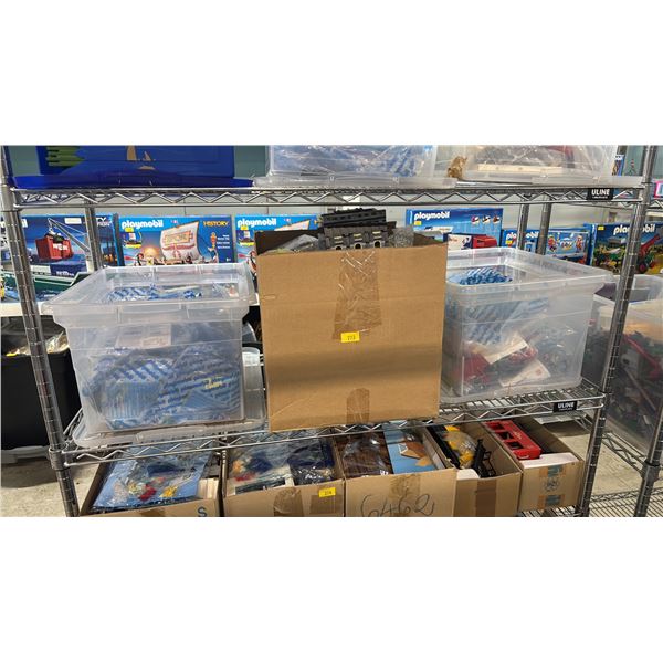 SHELF OF ASSORTED PLAYMOBIL TOYS & ACCESSORIES & ASSEMBLED LEGO TOYS
