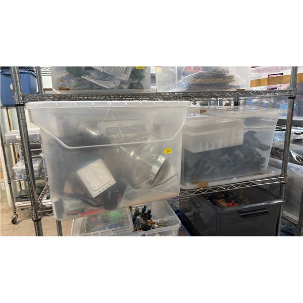 TOTE OF ASSORTED PLAYMOBIL TOYS & TOTE OF LAMP, ROUTERS & MORE