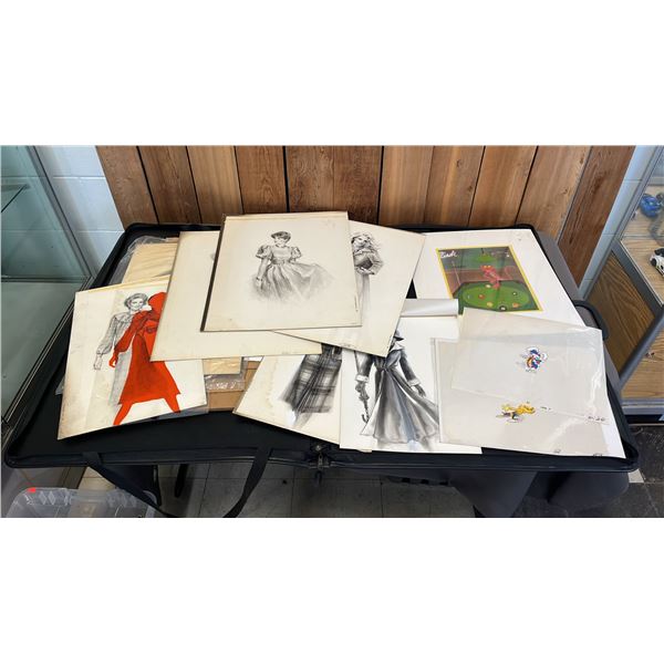ART FOLIO & CONTENTS: ASSORTED VINTAGE FASHION ART, PINK PANTHER STERIGRAPH CEL, BIRKS BUILDING, BC