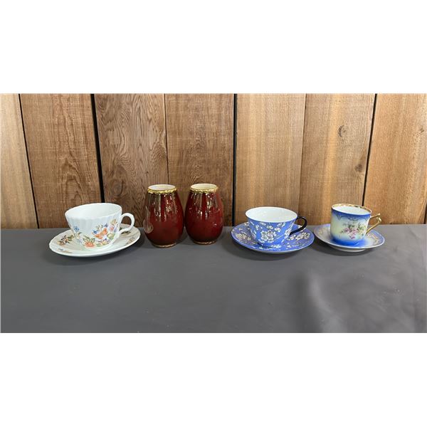 VINTAGE: (2) CARLETON WARE ROUGE ROYAL VASES, CHINA DEMITASSE, AYNSLEY TEACUP & SAUCER & MORE