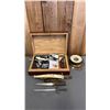 Image 1 : BOX OF ASSORTED VINTAGE ITEMS: BAROMETER, DAGGER LETTER OPENER, WOOD BOX & CONTENTS