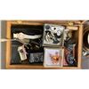 Image 4 : BOX OF ASSORTED VINTAGE ITEMS: BAROMETER, DAGGER LETTER OPENER, WOOD BOX & CONTENTS