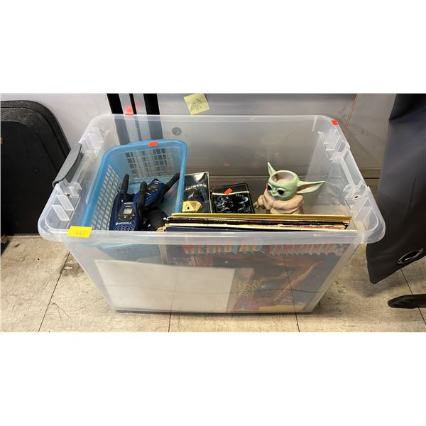 TOTE OF 2-WAY RADIOS, GROGU MUG, ASSORTED VINTAGE LP RECORDS & MORE
