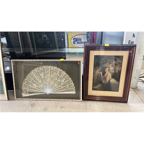 VINTAGE "THE LOVER'S LETTERBOX" PRINT & BOX FRAMED VINTAGE LACE FAN