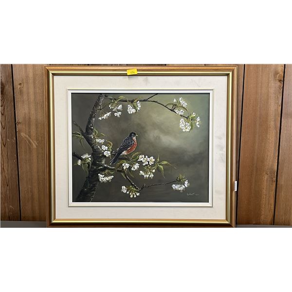 FRAMED "SPRING TIME ROBIN" ORIGINAL SIGNED & DATED OIL ON CANVAS BY MAGGY EBERT, 2000