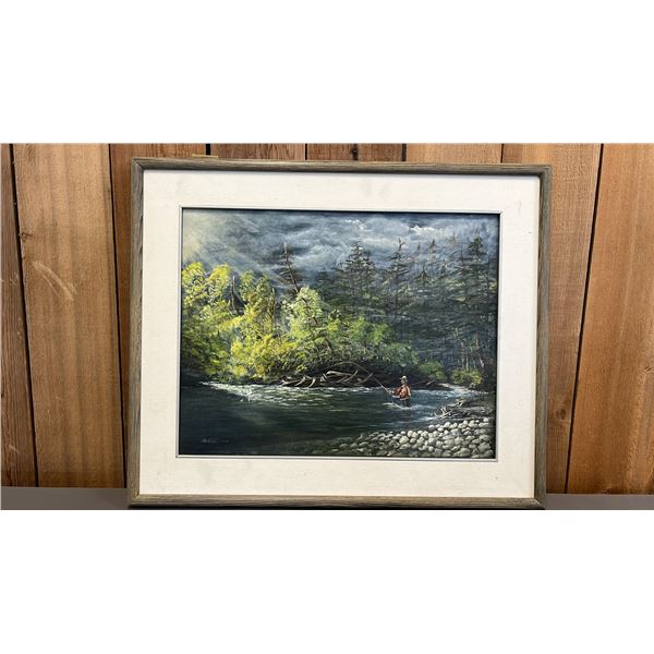 FRAMED ORIGINAL SIGNED & DATED OIL ON CANVAS FISHERMAN PAINTING BY MAGGY  EBERT, 1996