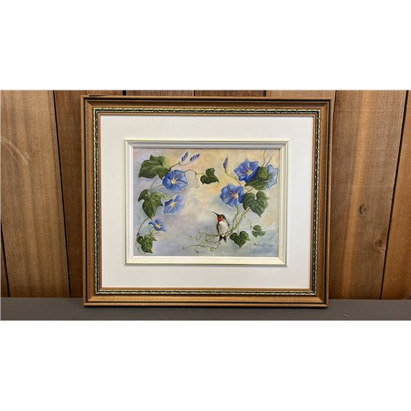 FRAMED ORIGINAL SIGNED & DATED OIL PAINTING: "RUBY THROAT & HEAVENLY BLUE" BY MAGGY  EBERT, 1997