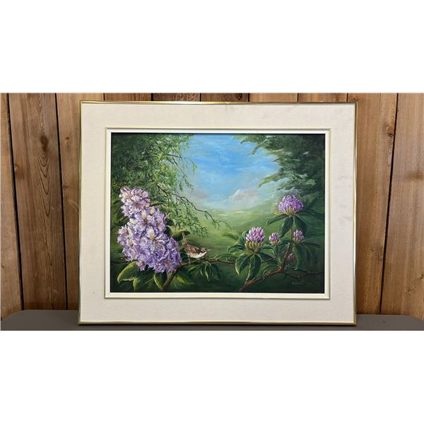 FRAMED ORIGINAL SIGNED & DATED OIL ON CANVAS: "LITTLE WREN IN THE RHODOS" BY MAGGY EBERT, 2001