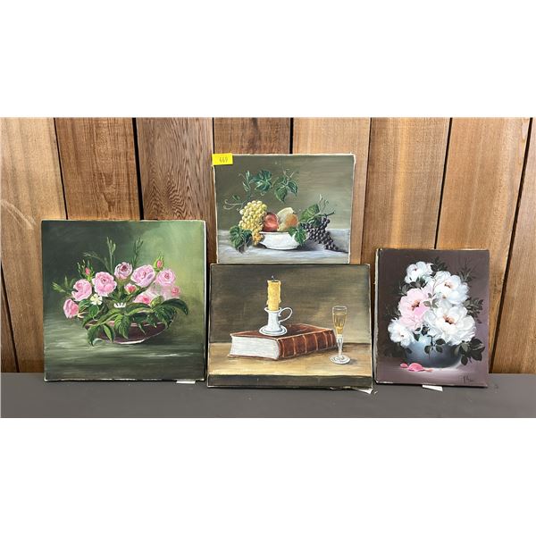 (4) SMALL ORIGINAL OIL ON CANVAS STILL LIFE PAINTINGS: ONE IS SIGNED P SAINT