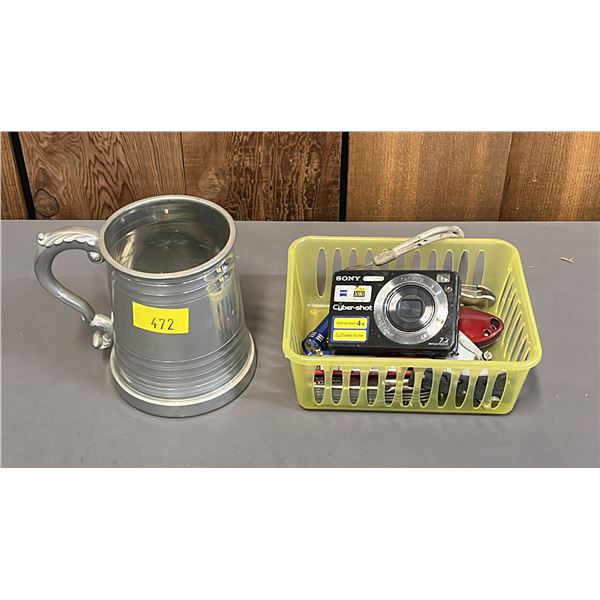 PEWTER STEIN, SONY CYBERSHOT CAMERA & ASSORTED FOLDING KNIVES