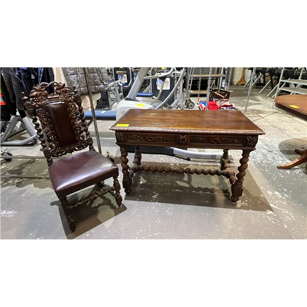 ANTIQUE FRENCH RENAISSANCE REVIVAL CARVED OAK BARLEY TWIST WRITING DESK WITH CHAIR