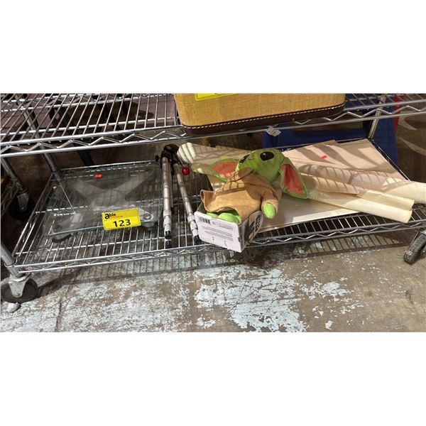 TAYLOR BODY WEIGH SCALE, TRIPOD, PLUSH MANDALORIAN THE CHILD & ASSORTED MAPS