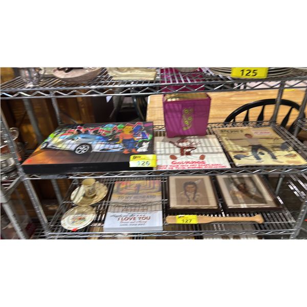 SHELF OF ASSORTED WALL ART, VINTAGE MAGAZINE & BOX OF VINTAGE 45 RPM RECORDS