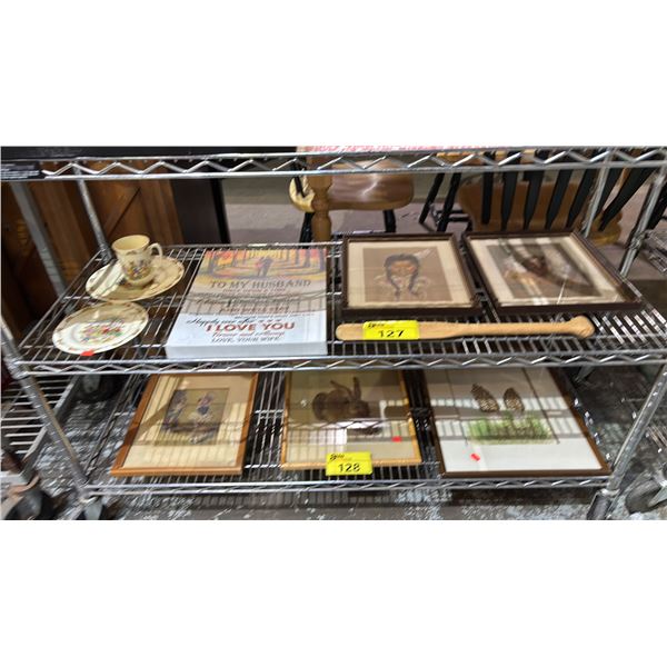 SHELF OF ASSORTED WALL ART & VINTAGE BUNNYKINS CHINA