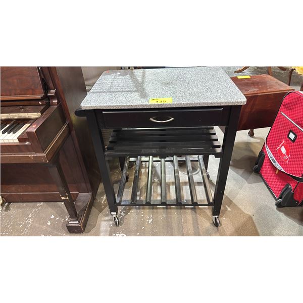 BLACK MOBILE GRANITE TOP KITCHEN CART