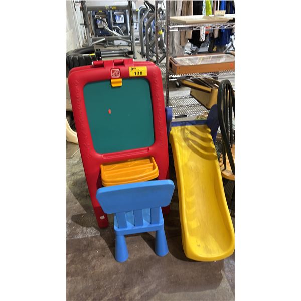 CHILDREN'S SLIDE & STEP2 CHALKBOARD/WHITEBOARD EASEL WITH CHAIR