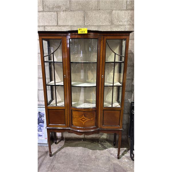 ANTIQUE INLAID MAHOGANY BOW FRONT DISPLAY CABINET