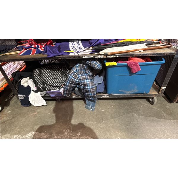 SHELF OF ASSORTED CLOTHING & A DUFFLE BAG