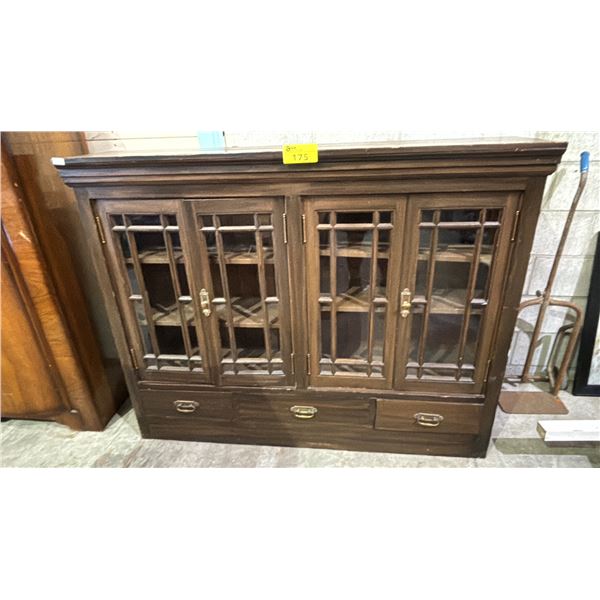DARK WOOD CHINA CABINET WITH GLASS PANELED DOORS & 3 DRAWERS