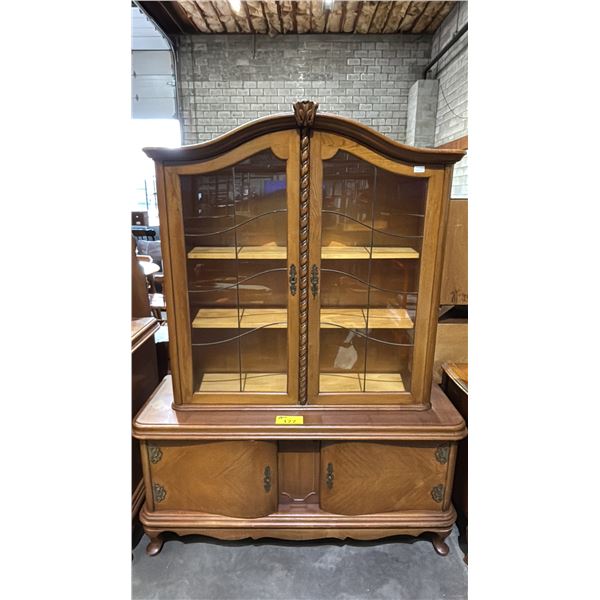 2-PIECE CARVED OAK SHOWCASE CABINET WITH GLASS PANEL DOORS