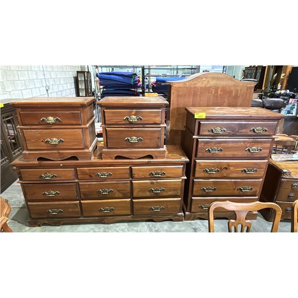 VINTAGE WOOD DRESSER SET: 5 DRAWER TALLBOY, 9-DRAWER LOWBOY & (2) 2-DRAWER SIDE TABLES