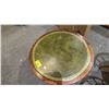 Image 2 : VINTAGE REGENCY STYLE ROUND LEATHER LEATHER TOP PEDESTAL TABLE ON CASTERS (21" TALL)