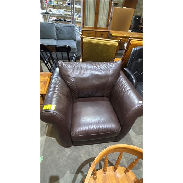BROWN LEATHER ARMCHAIR WITH CURVED ARMS