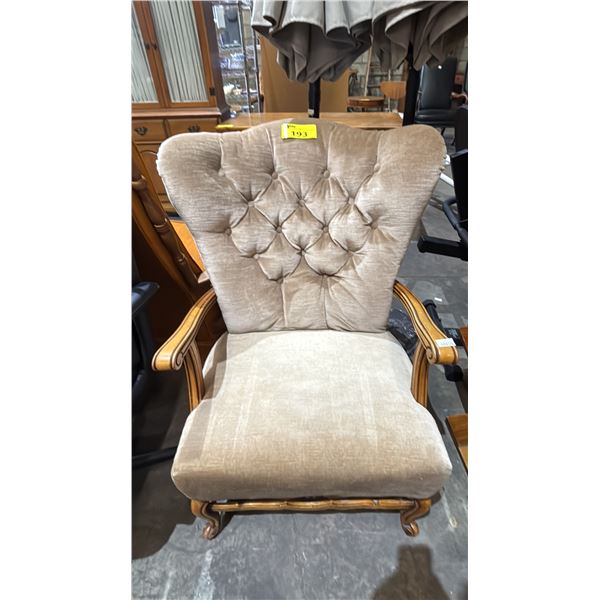 VINTAGE FRENCH PROVINCIAL STYLE WING BACK CHAIR WITH BUTTON TUFTED UPHOLSTERY
