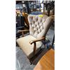 Image 2 : VINTAGE FRENCH PROVINCIAL STYLE WING BACK CHAIR WITH BUTTON TUFTED UPHOLSTERY