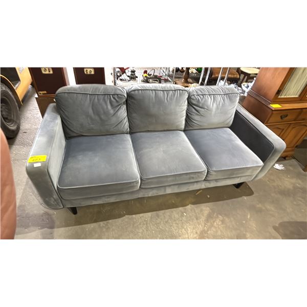 BLUE FABRIC UPHOLSTERED SOFA WITH ATTACHED CUSHIONS