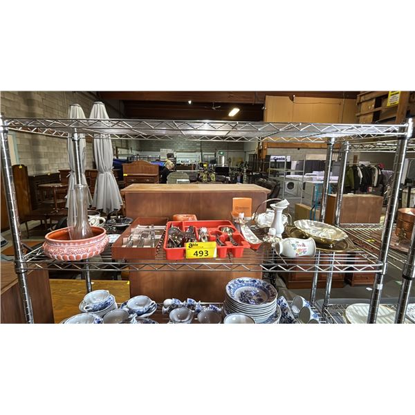 SHELF OF FLATWARE, CANDLE HOLDERS, VASES, SALT & PEPPER SHAKERS & MORE
