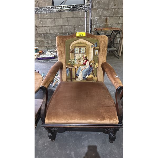 VINTAGE ARM CHAIR WITH A PICTORIAL TAPESTRY PANEL