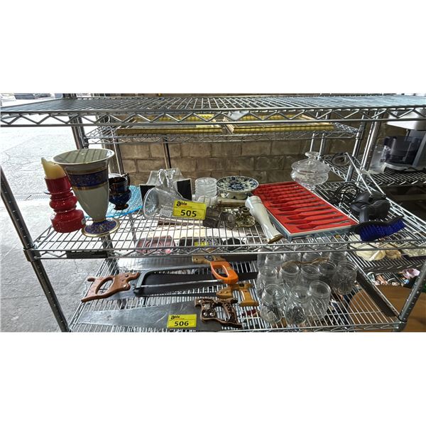 SHELF OF ASSORTED VASES, FLATWARE, LAMPS, CANDLE HOLDERS & MORE