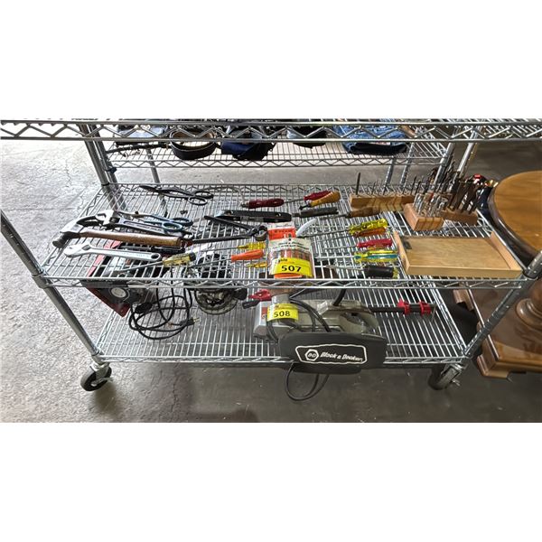 SHELF OF ASSORTED HAND TOOLS & ASSORTED DRILL BITS