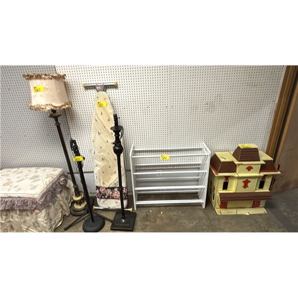 VINTAGE WOOD DOLL HOUSE, TOY ORGANIZER (NO BASKETS) FLOOR LAMPS & IRONING BOARD