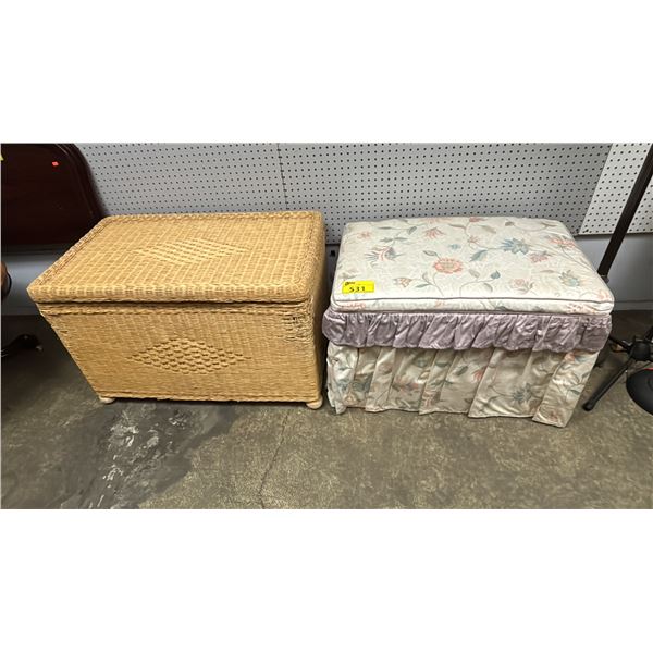 PADDED STORAGE BENCH & WICKER STORAGE TRUNK - BOTH CONTAIN BLANKETS
