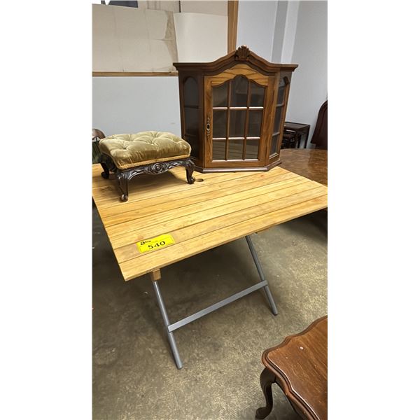 WOOD FOLDING TABLE, VELVET UPHOLSTERED FOOTSTOOL & WALL MOUNT DISPLAY CABINET