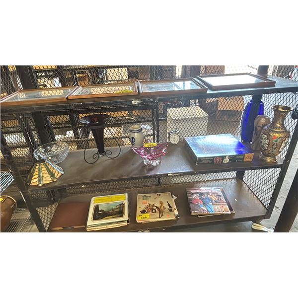 SHELF OF ASSORTED VASES, ART GLASS BOWL, GLASS LAMP SHADE, WREBBIT BUILT ART MEDIEVAL CLOCK & MORE