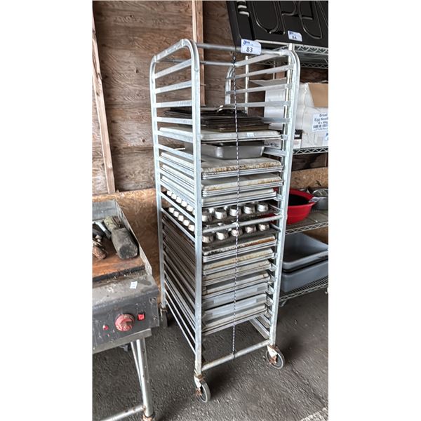 COMMERCIAL ALUMINUM 20-TIER TRAY RACK WITH ASSORTED MUFFIN/CUPCAKE TRAYS & BAKING TRAYS