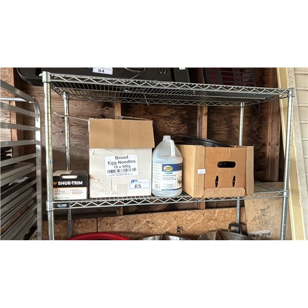 SHELF OF SELF-STICK VINYL WALL BASE, BOX OF ASSTD. DRINKING GLASSES, HARD WATER DISH DETERGENT &
