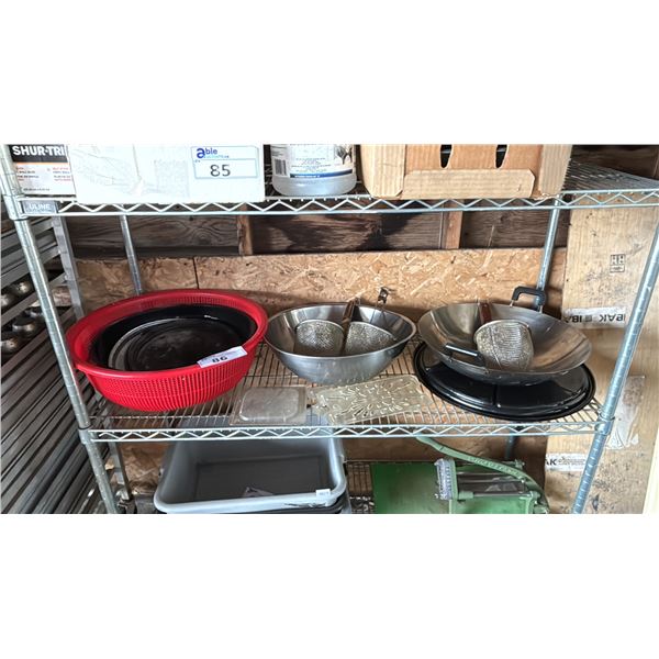 SHELF OF ASSTD. COOKWARE: WOK, MESH STRAINERS, STAINLESS STEEL MIXING BOWL & MORE