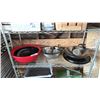 Image 1 : SHELF OF ASSTD. COOKWARE: WOK, MESH STRAINERS, STAINLESS STEEL MIXING BOWL & MORE