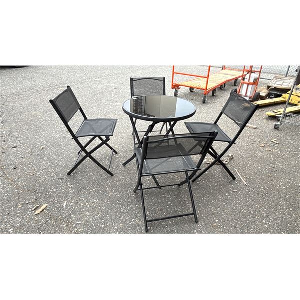 FOLDING METAL GLASS TOP 27.5" DIAMETER TABLE WITH 4 METAL FOLDING CHAIRS