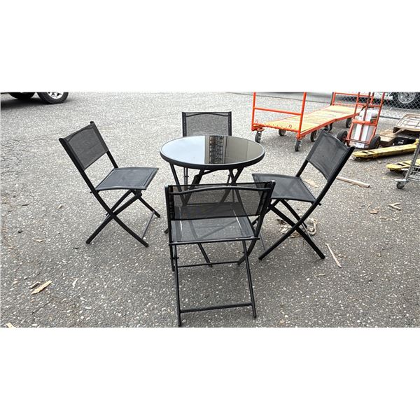FOLDING METAL GLASS TOP 27.5" DIAMETER TABLE WITH 4 METAL FOLDING CHAIRS