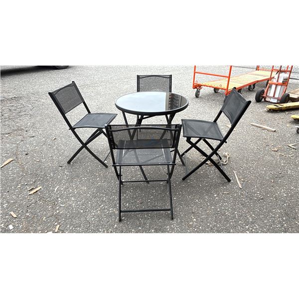 FOLDING METAL GLASS TOP 27.5" DIAMETER TABLE WITH 4 METAL FOLDING CHAIRS