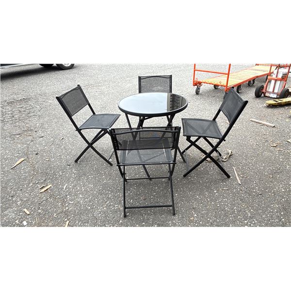 FOLDING METAL GLASS TOP 27.5" DIAMETER TABLE WITH 4 METAL FOLDING CHAIRS