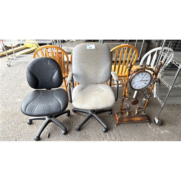 (2) OFFICE CHAIRS & A VINTAGE STYLE METAL FRAMED MANTLE CLOCK