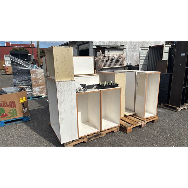 (2) PALLETS OF ASSORTED WHITE WOOD SHELVES *MUST TAKE ALL ON PALLETS*