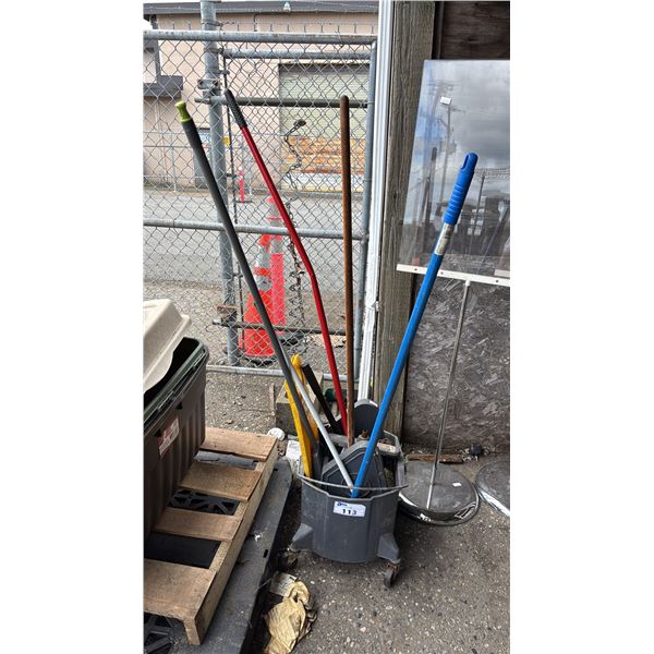 COMMERCIAL MOP BUCKET, MOP, BROOMS & "CAUTION WET FLOOR" SIGN