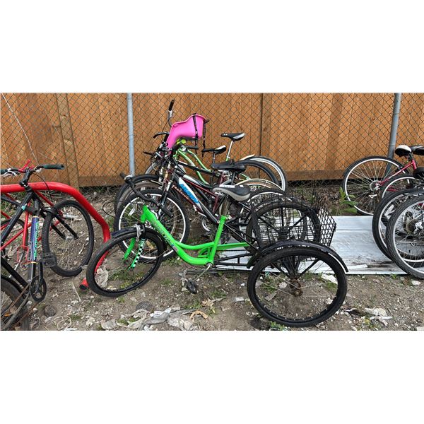 5 ASSORTED BIKES: PACER II, HUFFY TUNDRA, RALEIGH, MAUI K2 WITH FRONT CHILD SEAT & MORE